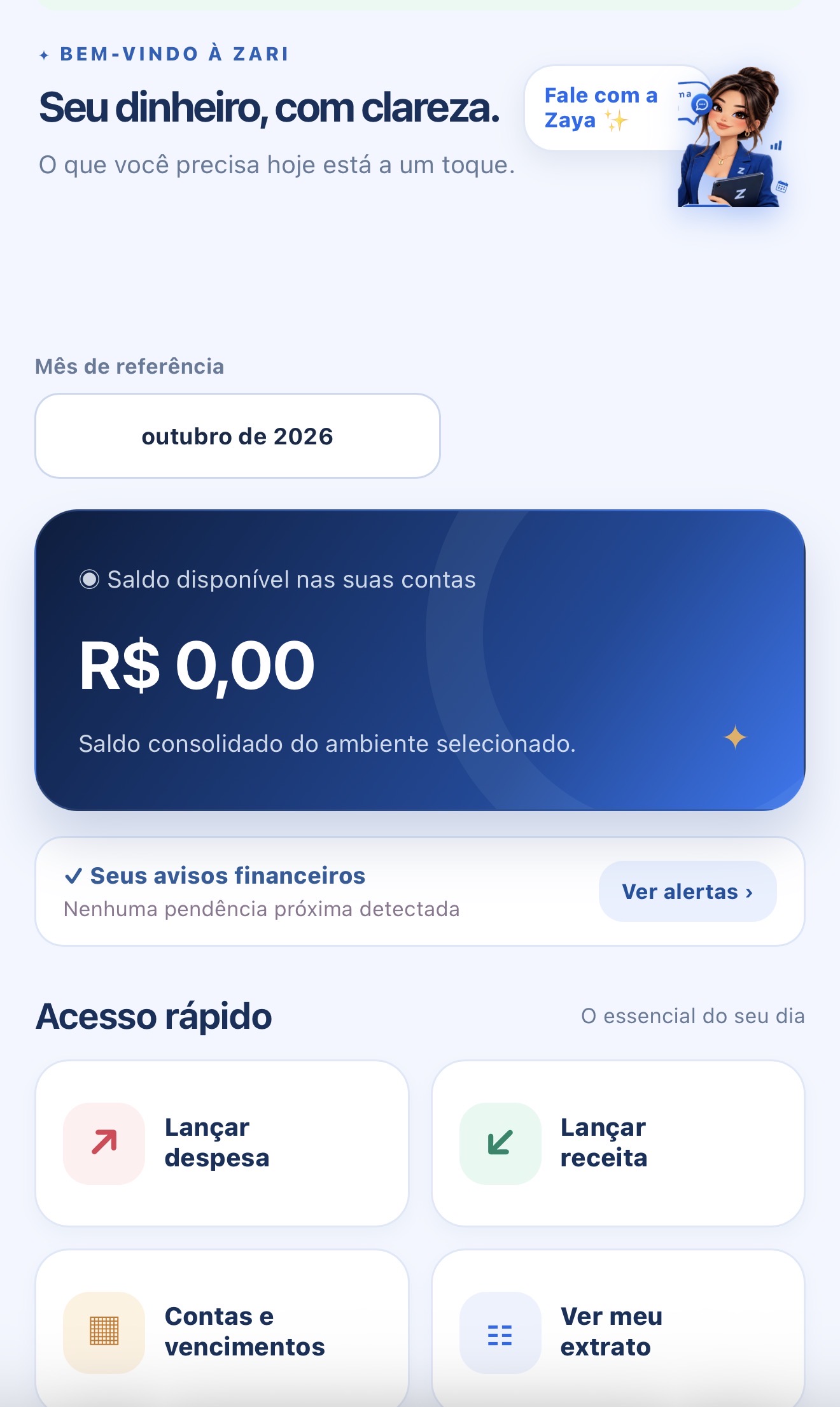 Captura original do ambiente pessoal do ZARI Finanças